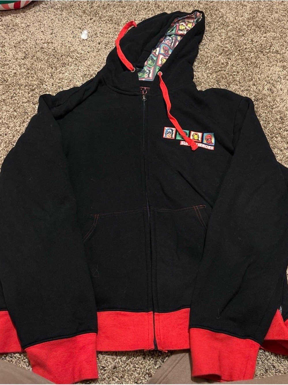 Marvel Black Hoodie with Red Trim and Superhero Patch